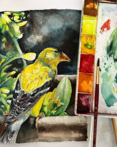 Yellow Finch watercolor painting with paints