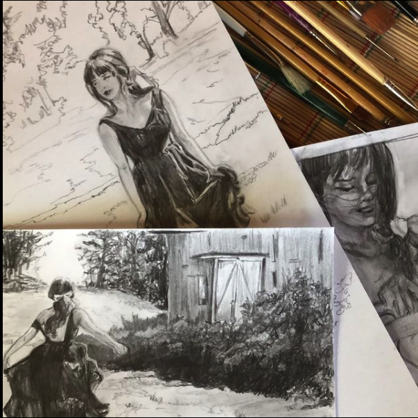 original pencil illustrations of a young woman in a field outside an old wooden building.